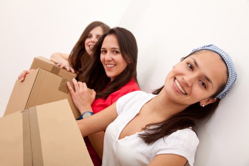 Packed boxes and furniture prepared for removal van transport